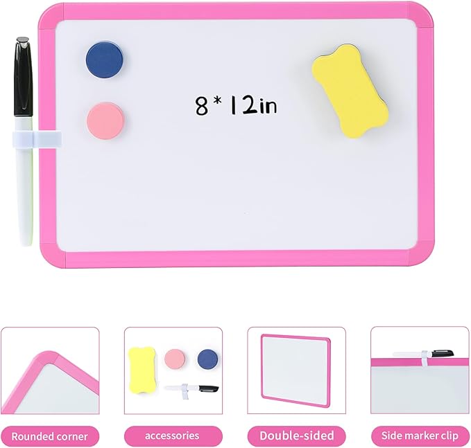 MXG Double Sided Pink Dry Erase Board, 8x12 Inch Portable Small Whiteboard for Fridge, Wall & Desk, Includes Markers, Eraser & Magnets for Home, Office, Classroom, Calendar & Notes