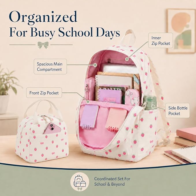 Bluboon Teen Girls School Backpack Kids Bookbag Set with Lunch Box Pencil Case Travel Laptop Backpack Casual Daypacks (Beige bow tie)