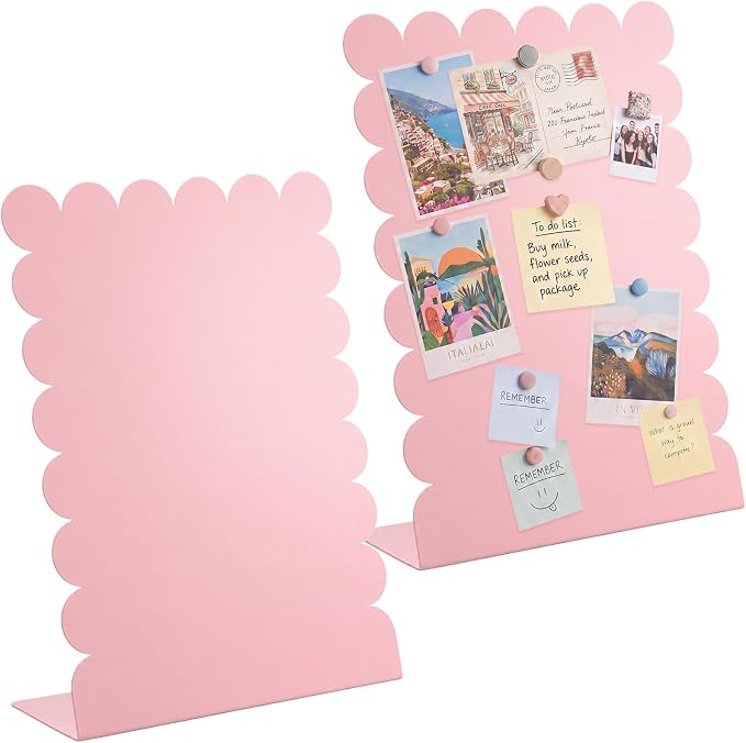Gueevin 2 Pcs Magnet Board Standing Magnetic Metal Board for Desk and Wall Scalloped Magnetic Display Stand for Memos Photos and Documents Home Office School Desk Storage Decoration(Pink,Large)