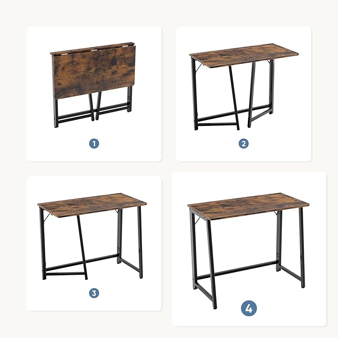 DUMOS 31.5 Inch Folding Desk, Foldable Computer Table for Small Spaces, Metal Frame Gaming Writing Work Station, Mini Home Office Surface, Rustic Brown