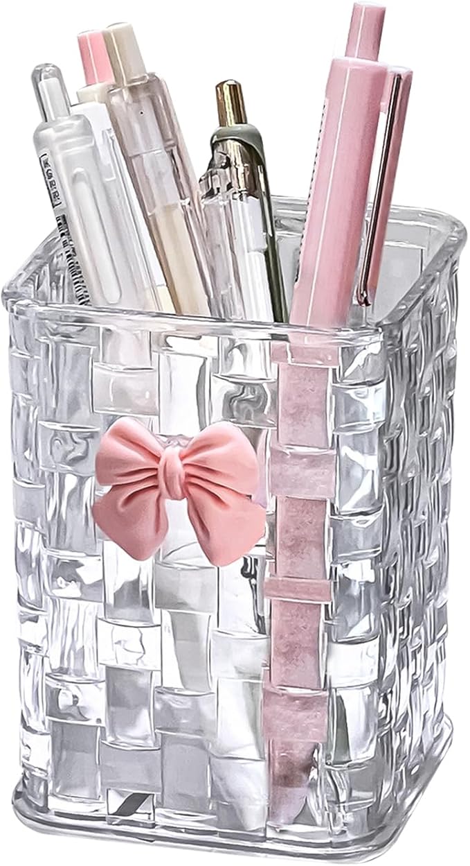 Acrylic Pen Holder for Desk, Clear Pencil Organizer Makeup Brush Cup Holders with Bow Back To School Accessories for Teachers Appreaction Present (Transparent)