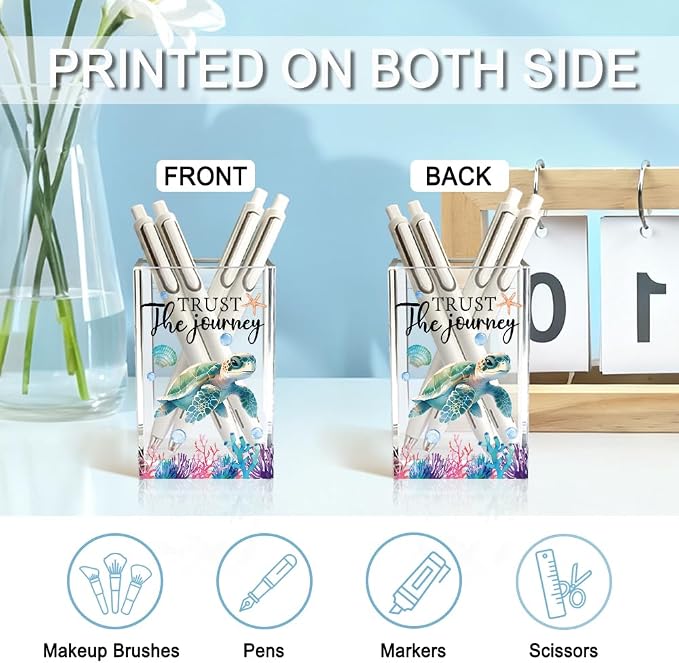 Trust The Journey Sea Turtle Acrylic Pencil Holder Cup for Women | Inspirational Gifts for Friends Coworker, Funny Sea Turtle Pen Holder for Women Girls Turtle Lover, Marker Makeup Organizer