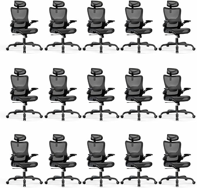 Marsail Ergonomic Mesh Office Chair with Adjustable Lumbar Support, 15 | 3D flip-up armrests, 2D headrest, breathable mesh back, reclining function, smooth-rolling casters, height adjustment