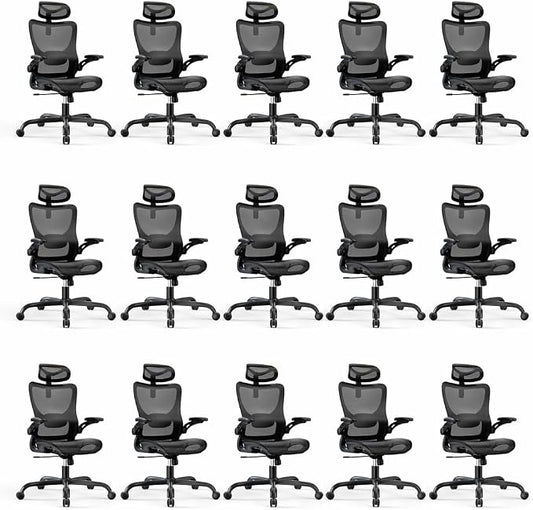 Marsail Ergonomic Mesh Office Chair with Adjustable Lumbar Support, 15 | 3D flip-up armrests, 2D headrest, breathable mesh back, reclining function, smooth-rolling casters, height adjustment