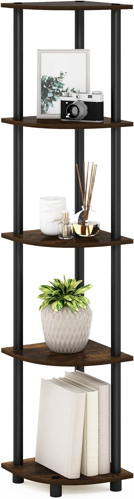 Furinno TURN-N-TUBE Corner Shelf, 5-Tier Corner Bookshelf, Open Storage Shelves, for Organization and Storage, Living Room, Home Office, Garage, Bedroom, Amber Pine