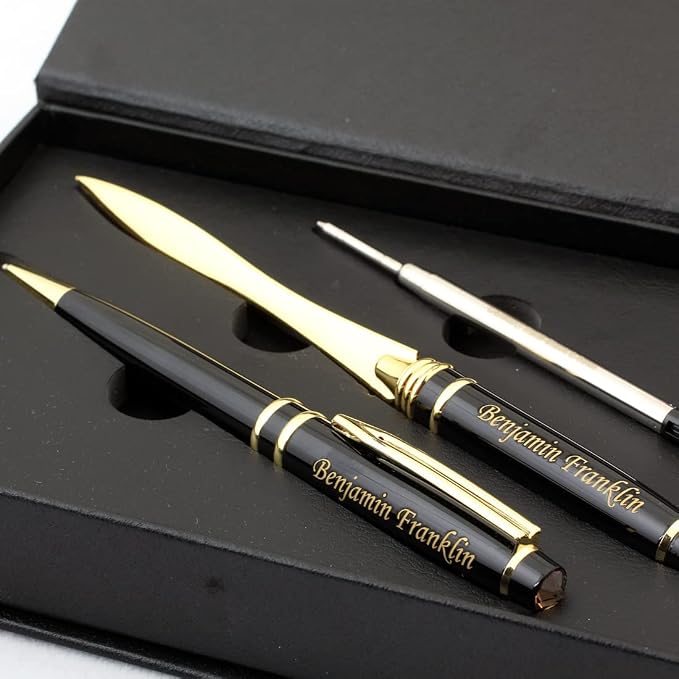 Custom Engraved Executive Pen Gift Set – Personalized Brass Ballpoint Pen with Matching Paper Tool – Elegant Gift Box (Black)