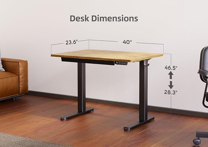 YDN Electric Standing Desk with Drawer 40 Inch Rustic Brown | Industrial steel frame supports 176 lbs, 28.3 to 46.5 inch height range, quiet 45 dB motor, 25.6 x 12.6 inch storage drawer