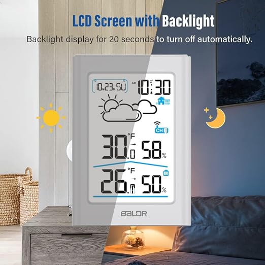 BALDR Indoor Outdoor Thermometer Wireless with Clock, Battery Powered Weather Station Indoor Outdoor, Portable Outside Temperature Monitor for Home Patio
