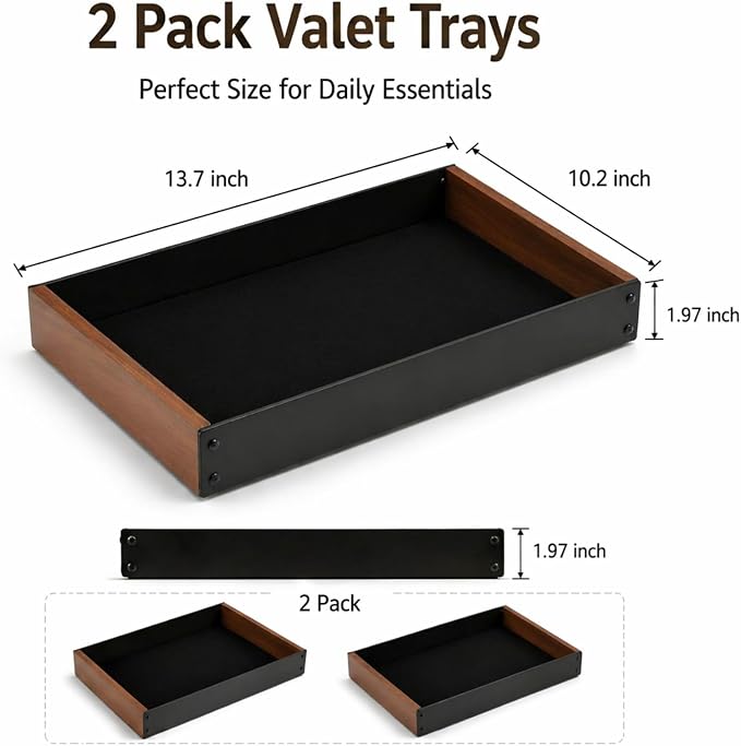 2 Pack Desk Drawer Organizer, Valet Tray for Men, Nightstand Tray Acacia Wooden and Metal Entryway Bedside Dump Holder Accessories for Wallets, Keys, Watches, Phones, Loose Change, Trinkets