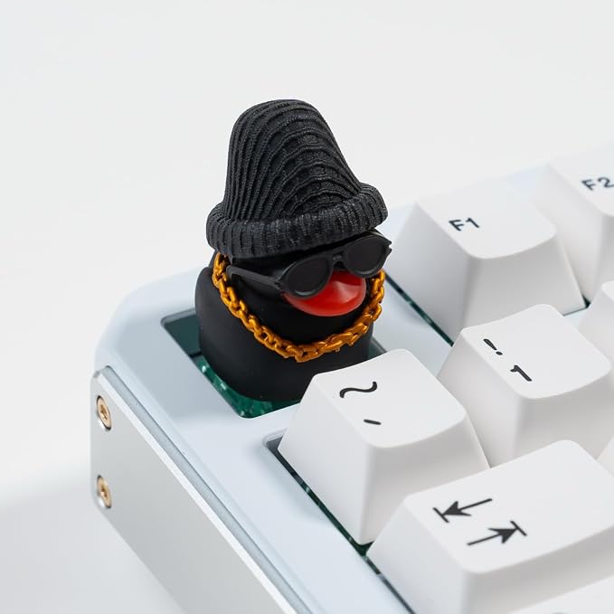 1U Handmade Resin Black Rap Duck Keycap - Cute Duck with Sunglasses Gold Necklace Knitted Hat, Compatible with MX Switch Mechanical Keyboards