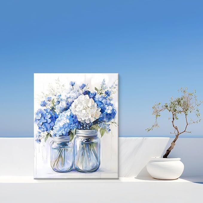 Vintage Floral Framed Wall Art Decor Light Blue Flowers Canvas Print Poster Abstract Flowers Bouquet in Vase Pictures Painting for Home Bathroom Bedroom Wall Decor 8x10 Inches