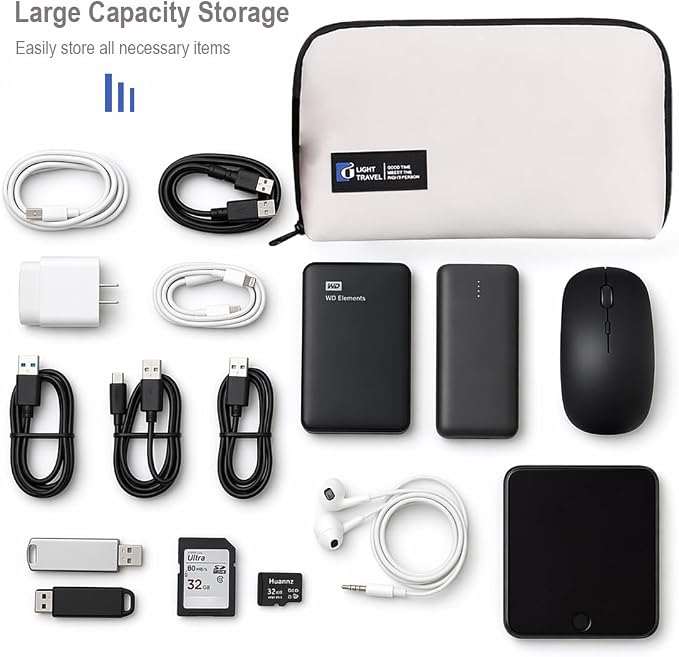 Electronics Organizer Bag, Travel Digital Storage Pouch for Cable, Cord, Earphone, USB Flash Drive, Power Bank, Hard Drive, Portable Tech Travel Case with Multi-Compartment (White)