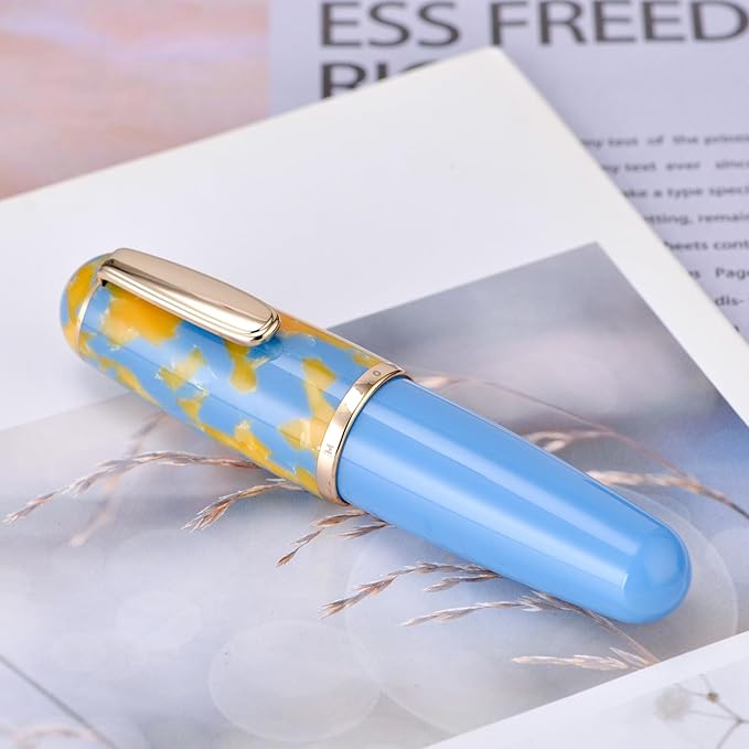 Lanxivi Majohn Q1 Fountain Pen Fude Pen Bent Nib Sky Blue Acrylic, Little Fat Man Eyedropper Filling Pocket Pen Large Capacity
