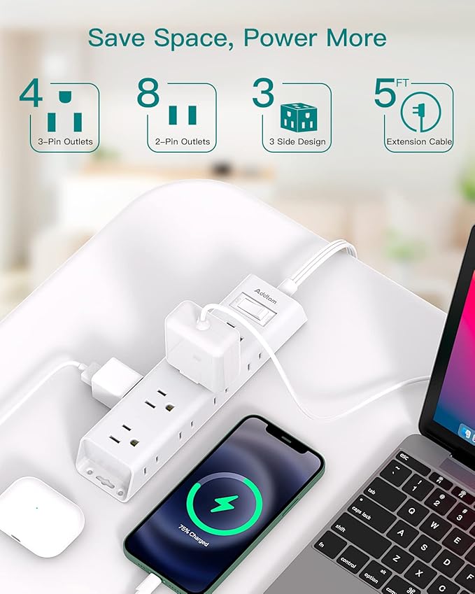 Flat Plug Power Strip, Ultra Thin Flat Extension Cord - Addtam 12 Outlet 3 Sides Multiple Outlets, 5Ft, 1050J Surge Protector, Wall Mount, Desk Charging Station for Home Office Dorm Room Essentials
