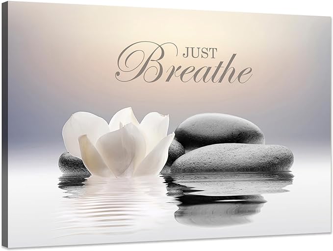 Zen Stone Canvas Wall Art Just Breathe Yoga Quotes Poster for Spa Decor White Lotus Flower Pictures Prints for Bathroom Modern Spiritual Artwork Framed (16 x 24inches)
