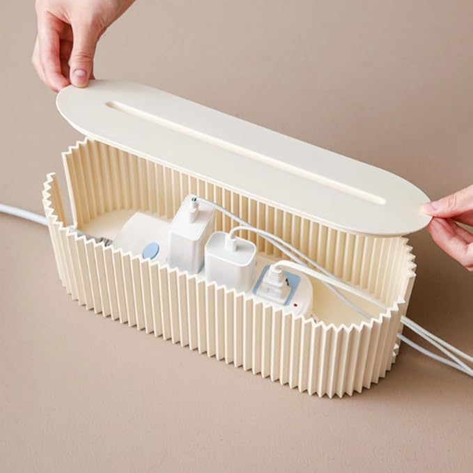 Cable Management Box,Desk Cord Organizer Box with Groove Cover,Plastic Cord Hider Box,Large Cable Box Organizer for Storaging Power Socket/TV/Computer/Router/Games Console Cable (White)