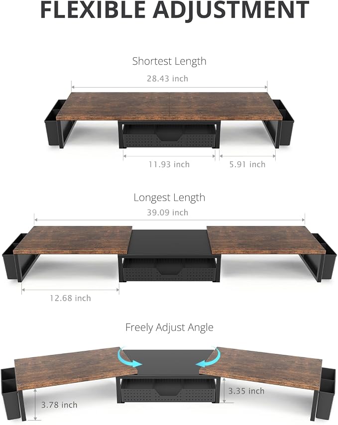 OPNICE Desk Organizers and Accessories, Dual Monitor Stand Riser with Drawer and 2 Pen Holders, Desk Shelf Wood Computer Racks for Office Workspace Organizers, Desktop Organization (Rustic Brown)