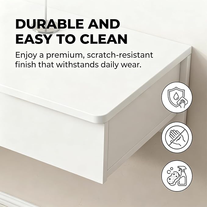 Floating Desk with Drawers, Wood Wall Mounted Desk, Floating Makeup Vanity, Space Saving, Sturdy and Stable, Floating Table for Living Room, Bedroom, Home, Office, Grey
