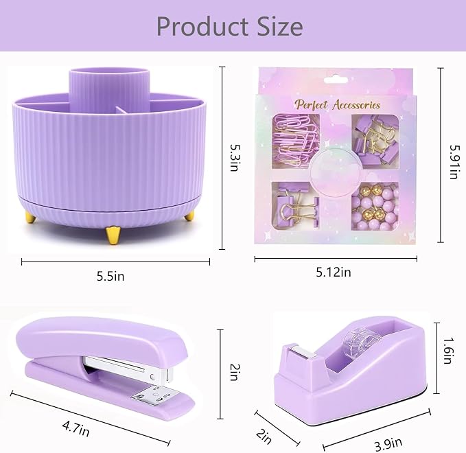 Office Supplies,School Supplies,Purple Desk Accessories,Desk Organizer,Scissors,Stapler,Tape Dispenser,Binder Clips,Staples,Staple Remover,Sticky Notes,Clear Tape,Pen,Ruler,Best Gift,11pcs