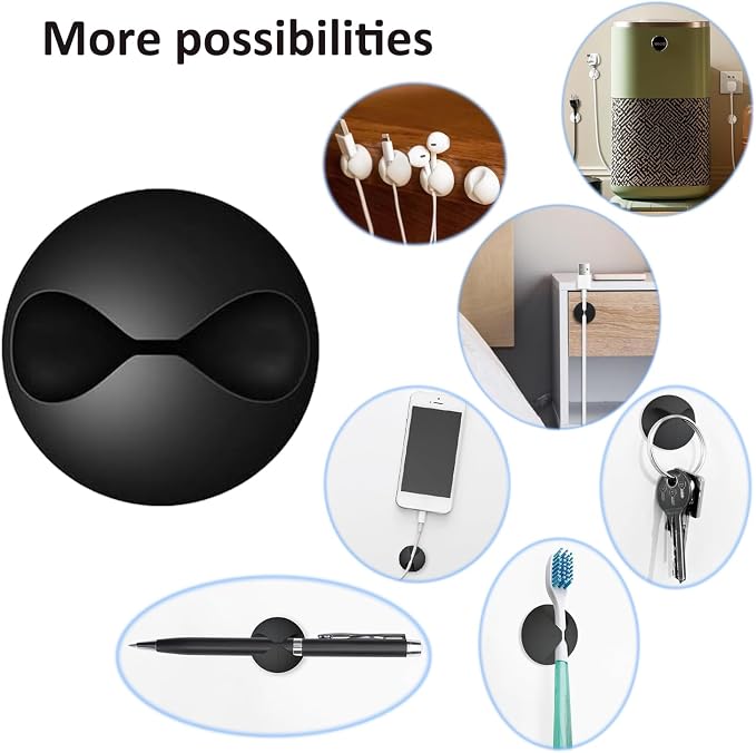 Cord Holder Cable Clips, 12PCS Black Self-Adhesive Wire Management Keeper Cord Organizer Charger Holder for Desktop USB Charging Cable Nightstand Power Cord Mouse Cable Wire PC Office Home (Black)