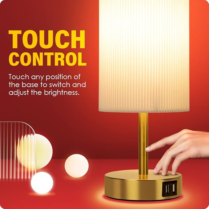 Bedside Lamp with USB port - Touch Control Table Lamp for Bedroom Wood 3 Way Dimmable Nightstand Lamp with Round Pleated Shade for Living Room, Dorm, Home Office (LED Bulb Included) (Pleated)