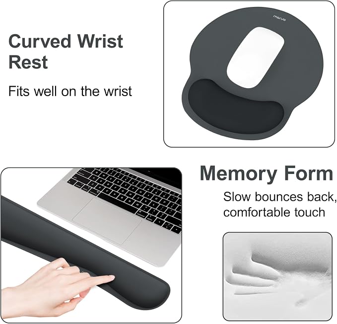 MOSISO Wrist Rest Support for Mouse Pad&Keyboard Set, Streamline Ergonomic Mousepad&Coaster Non-Slip Base Home/Office Pain Relief&Easy Typing Pad with Soft Cloth&Silicone Lining, Slate Gray