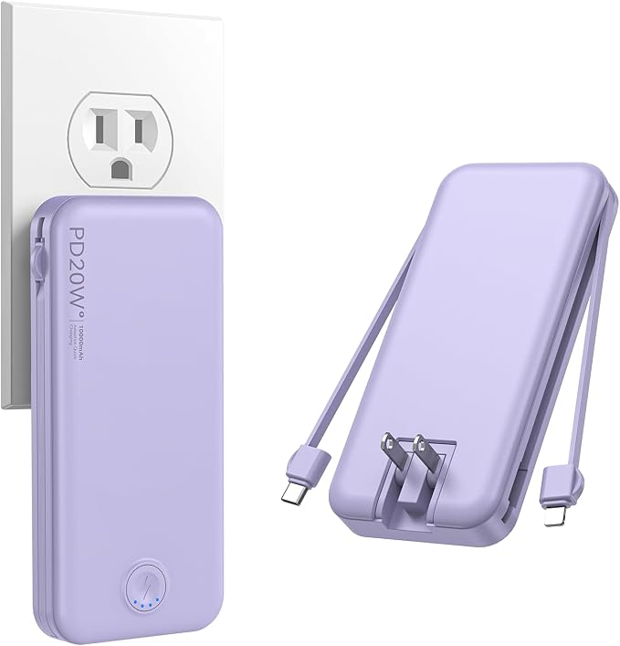 Nusyddy Portable Charger 10000mAh PD20W w/Built-in Cables & Wall Plug Purp. | PD20W Fast Charging, Battery Indicator, Pass Through Charging, TSA Approved, Compact/Slim, Power Bank for iPhone/iPad/Samsung
