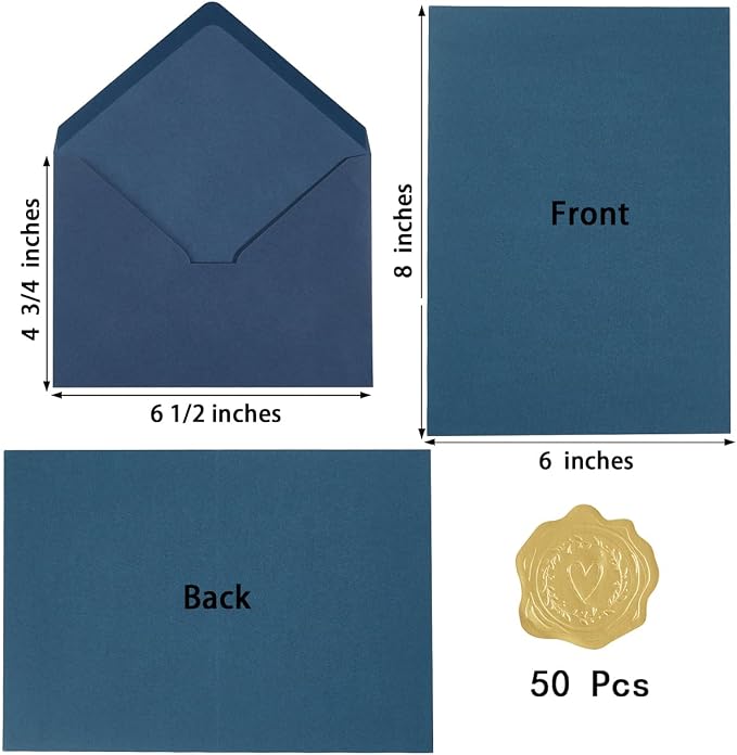 50 Pack Navy Blue A6 Envelopes with Cards and Gold Stickers, 4x6 | With Thick Folded Cardstock, For Greeting Cards, Wedding, Birthday, Invitations, Baby Showers