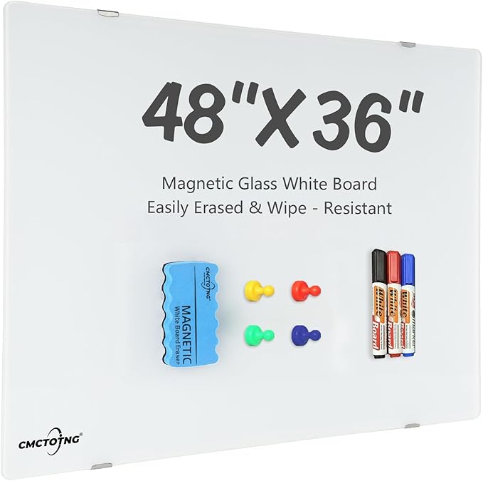 Wall-Mounted Magnetic Glass White Board - Dry Erase Glass Board Wall Mounted, Ideal for Office Classroom School Kitchen and Home, Durable Whiteboard Frameless (48''x36'').