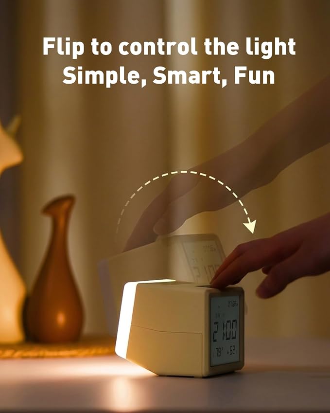 Retro Digital Alarm Clock with Night Light, Temp & Humidity | Creative flip night light with soft time backlight; retro gift clock for bedroom, desk, kids and travel
