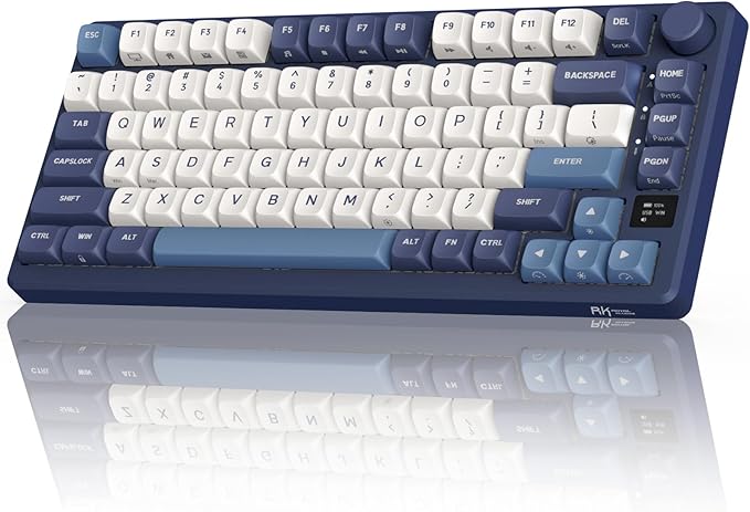RK ROYAL KLUDGE M75 Wireless Mechanical Keyboard w/Screen and Volume Knob, 2.4G/USB-C/BT Gasket Mounted 75% Gaming Keyboard with 81 Keys, RGB Backlit Hot-Swap Creamy Switch, Blue