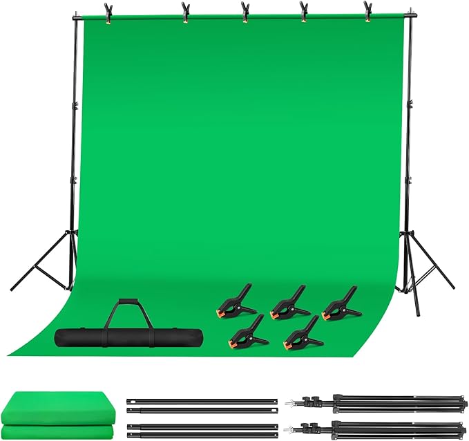 Green Screen Backdrop Kit, 10 x 6.5 Ft Portable Green Screen with T-Shaped Stand, Carrying Bag, 5 Clamps, Photography Greenscreen Background Kit for Streaming, Gaming, Zoom