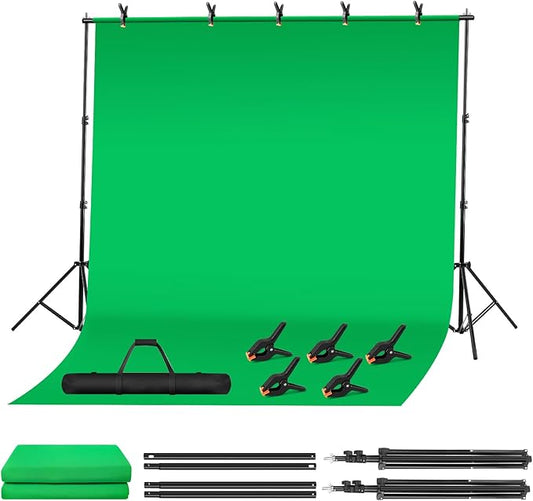 Green Screen Backdrop Kit, 10 x 6.5 Ft Portable Green Screen with T-Shaped Stand, Carrying Bag, 5 Clamps, Photography Greenscreen Background Kit for Streaming, Gaming, Zoom