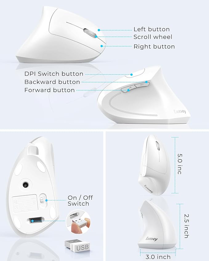 Lekvey Ergonomic Mouse, Vertical Wireless Mouse, Rechargeable 2.4G Optical Carpal Tunnel Mice with USB Receiver: 1000/1200/1600 DPI, 6 Buttons, for Laptop, Computer, Mac, PC, Desktop, Notebook, White