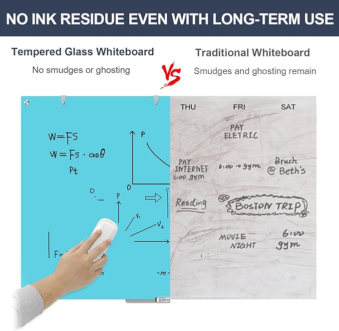 Glass White Board, 48x36 Inches Magnetic Glass Dry Erase Board, Large Whiteboard for Wall Office School Classroom Home, 3x2 Feet Blue Dry Erase Board Wall Mounted