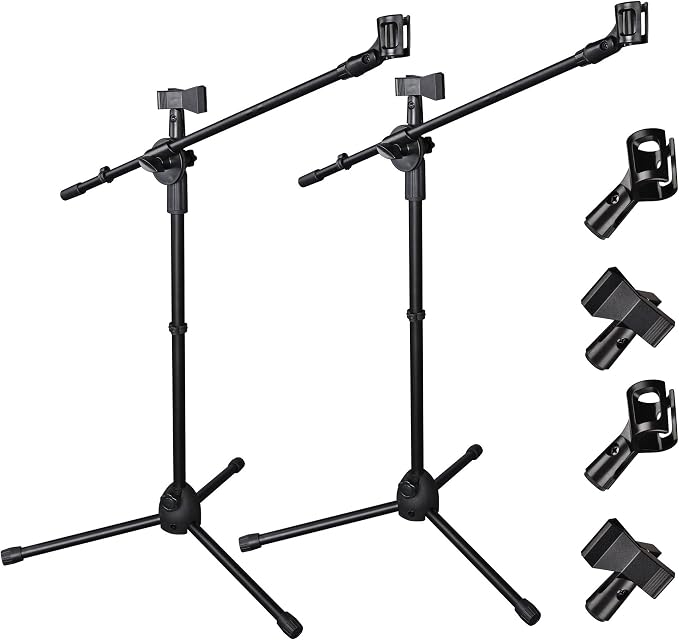 AW 2pcs Boom Mic Stand Floor Adjustable Height Mic Tripod Stand Dual Mic Clip Standing Boom Arm Mic Holder for Singing Live Stream Stage Studio