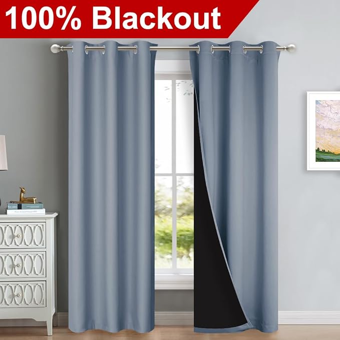 NICETOWN Full Shade Curtain Panels, 37" Wide x 80" Long, Vintage Blue, Pair of Thermal Insulated & Energy Efficiency Blackout Drapes for Living Room, Lined Silky Performance Window Dressing