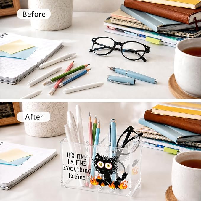 It's Fine I'm Fine Acrylic Cosmetic Organizer Pen Holder, Black Cat Pen Organizer 2 Compartments, Humor Office Desk Accessories for Storage, Sarcastic Office Gifts for Coworker Staff Mentor
