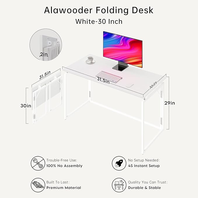 Folding Desk - 31.5" Wood Top Foldable Desk for Small Spaces | No Assembly Required Compact Desk for Home Office, Writing, and Study