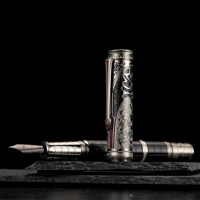 HONG DIAN D5 Qin Dynasty Fountain Pen Black Silver, Extra Fine Nib Piston Filling Pen, Retro Chinese Totem Engraving Smooth Writing Pen with Pen Box Set