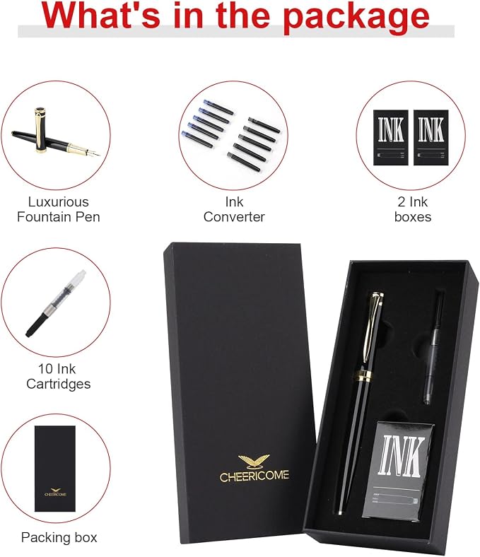 Cheericome Luxury Fountain Pen Set for Men & Women - Ink Pen for Smooth Writing - Fountain Pen Fine Nib，Includes 10 Ink Cartridges and Ink Refill Converter - Black