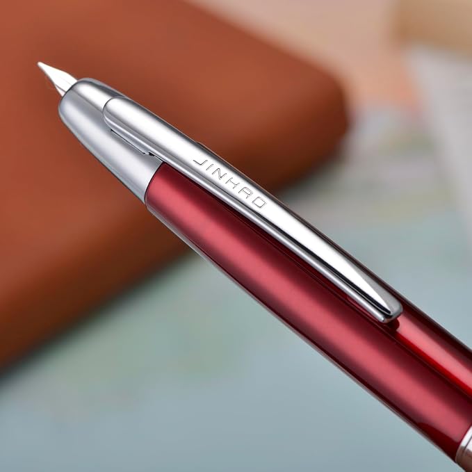 Jinhao 10 Press Fountain Pen with Box, Rose Red Retractable Fine Nib with Ink Converter Set (Silver Clip)