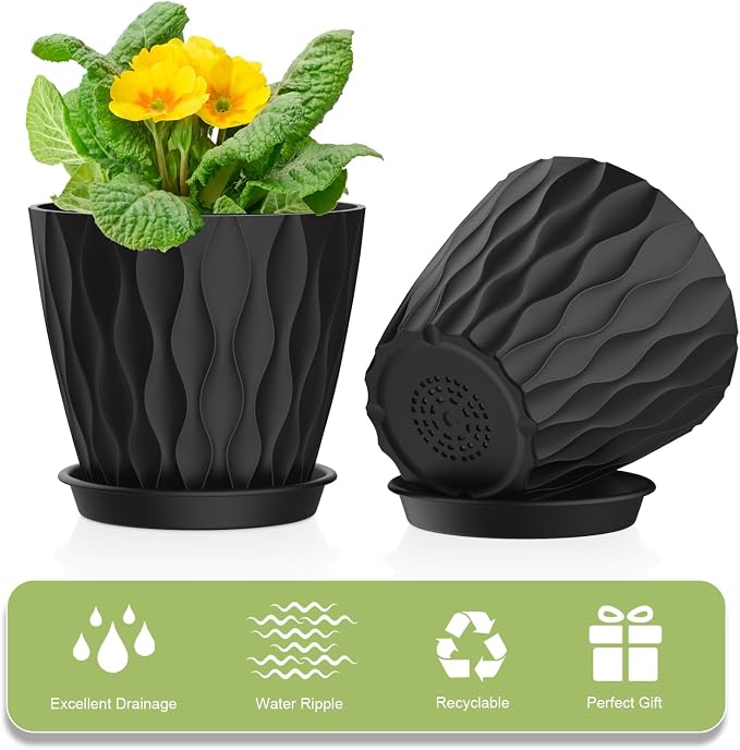 UOUZ 4 Inch Small Pots for Plants, 6 Pack Waffle Texture Small Plant Pots for Succulents, Plastic Planter with Drainage Holes and Saucers for Indoor Outdoor Plants, Flowers, Herbs, Seedlings,Black