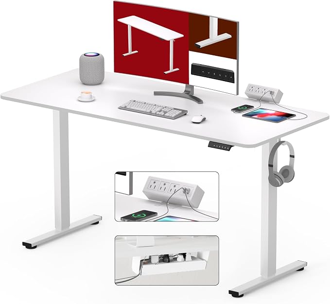 SANODESK Electric Standing Desk with Desk Clamp Power Strip 48"x 30" Whole-Piece Desktop Height Adjustable Stand Up Desk with Cable Management Sit Stand Home Office Desk White Frame/White Top