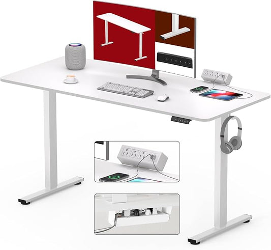 SANODESK Electric Standing Desk with Desk Clamp Power Strip 48"x 24" Whole-Piece Desktop Height Adjustable Stand Up Desk with Cable Management Sit Stand Home Office Desk White Frame/White Top