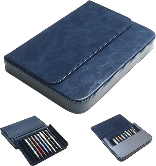 PU Leather 12 Fountain Pen/Pencil Tray Case Organizer, Fashion Design, Handmade, Magnetic Closure with Drawer, Christmas Gift for Man/Woman/Office, 12 Slots(blue)