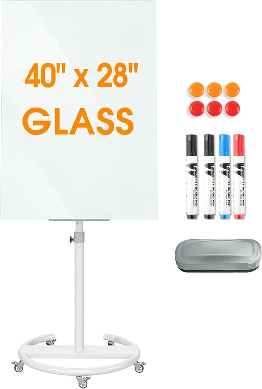 MaxGear Magnetic Glass Mobile White Board, 40" x 28" Adjustable Height | Whiteboard with Stand & Wheels, Portable Dry Erase Easel for Office, Classroom & Home, Includes 4 Markers, 6 Magnets & Eraser