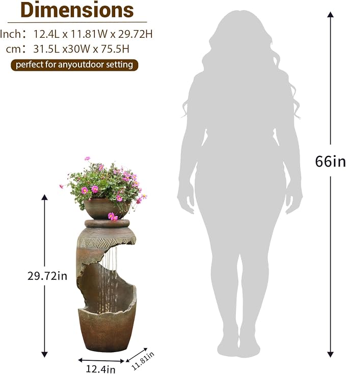 Sunlinua Outdoor Water Fountain with LED Light, Modern Spiral Tiered Outdoor Fountain with Stone Planter Curved Freestanding Waterfall Fountains for Garden Patio Deck Porch