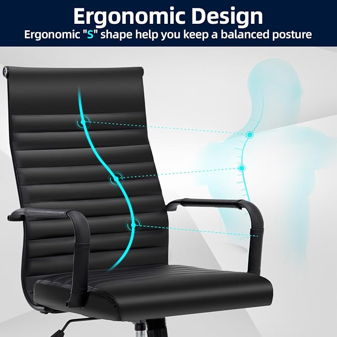 Office Chair, Ergonomic Executive Conference Room Chairs, Ribbed Leather Desk Chair with Lumbar Support, Adjustable Height Mid-Back Swivel Chair with Padded Seat