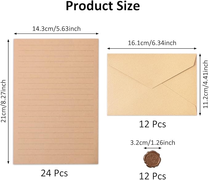 48 Pieces Stationery Set with Envelopes (24 Kraft Paper Sheets + 12 Linen Texture Envelopes+12 Wax Seal Stickers), Stationery Letter Writing Paper Set for Love Letters and Party Invitations (Yellow)